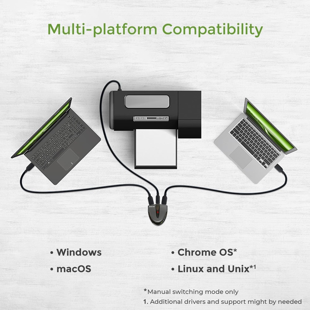 2 Port USB 2.0 Switch - Auto Printer Switch - Manually or Auto Control - LEDs...