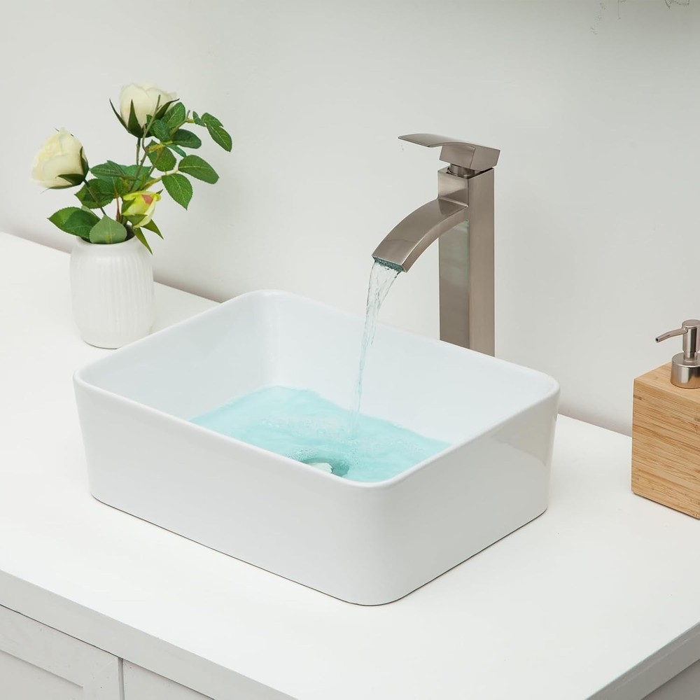 Vessel Sink Rectangular - 16"x12" Modern White Bathroom Sink Rectangle Above ...
