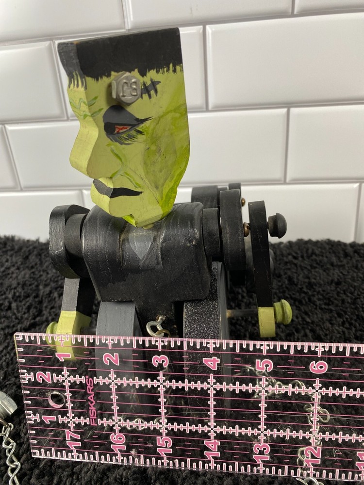 Frankenstein Wooden Pull Toy Halloween Decor Hand Painted OOAK Chain Bolt Pull