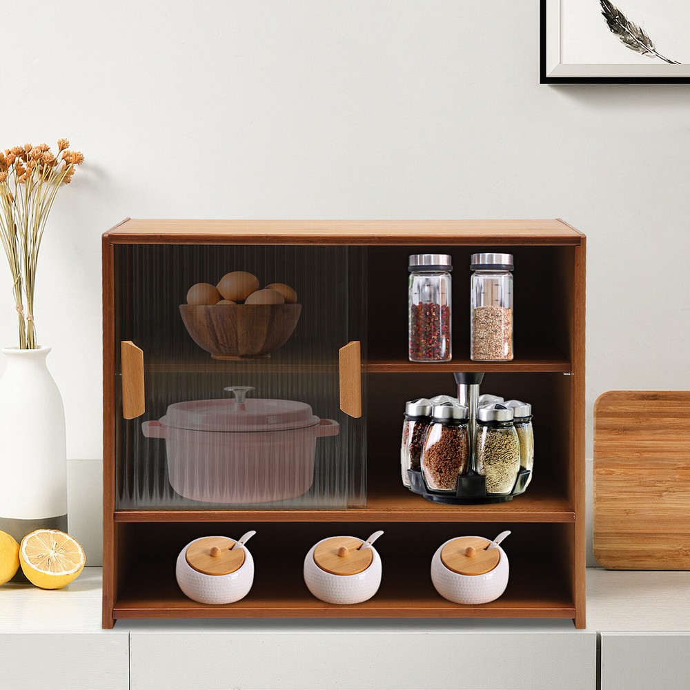 Small Bamboo Kitchen Pantry Sideboard with Sliding Doors and Ample Storage