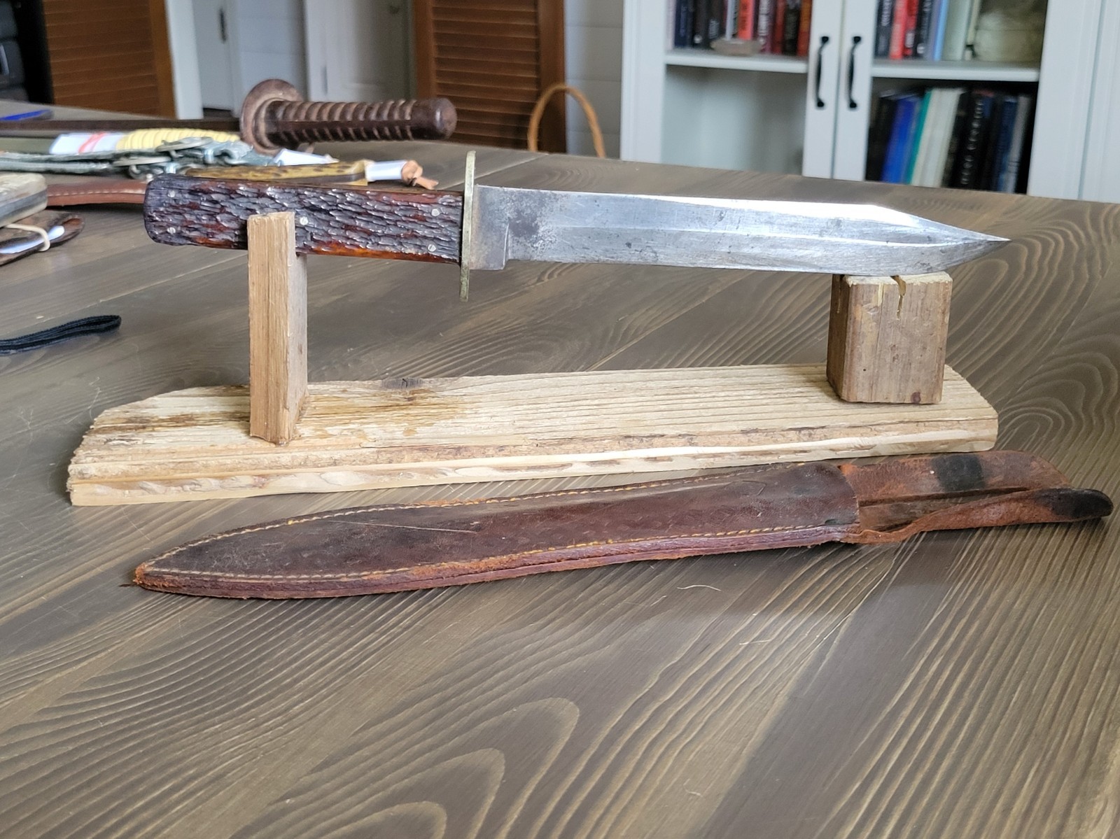 WWI Era Stag Handle Fred Biffar Chicago Ill. Bowie Knife/Side Knife w/Org Sheath