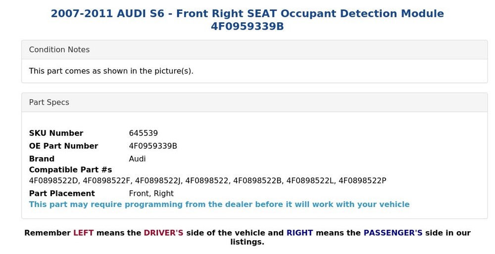 2007-2011 AUDI S6 - Front Right SEAT Occupant Detection Module 4F0959339B