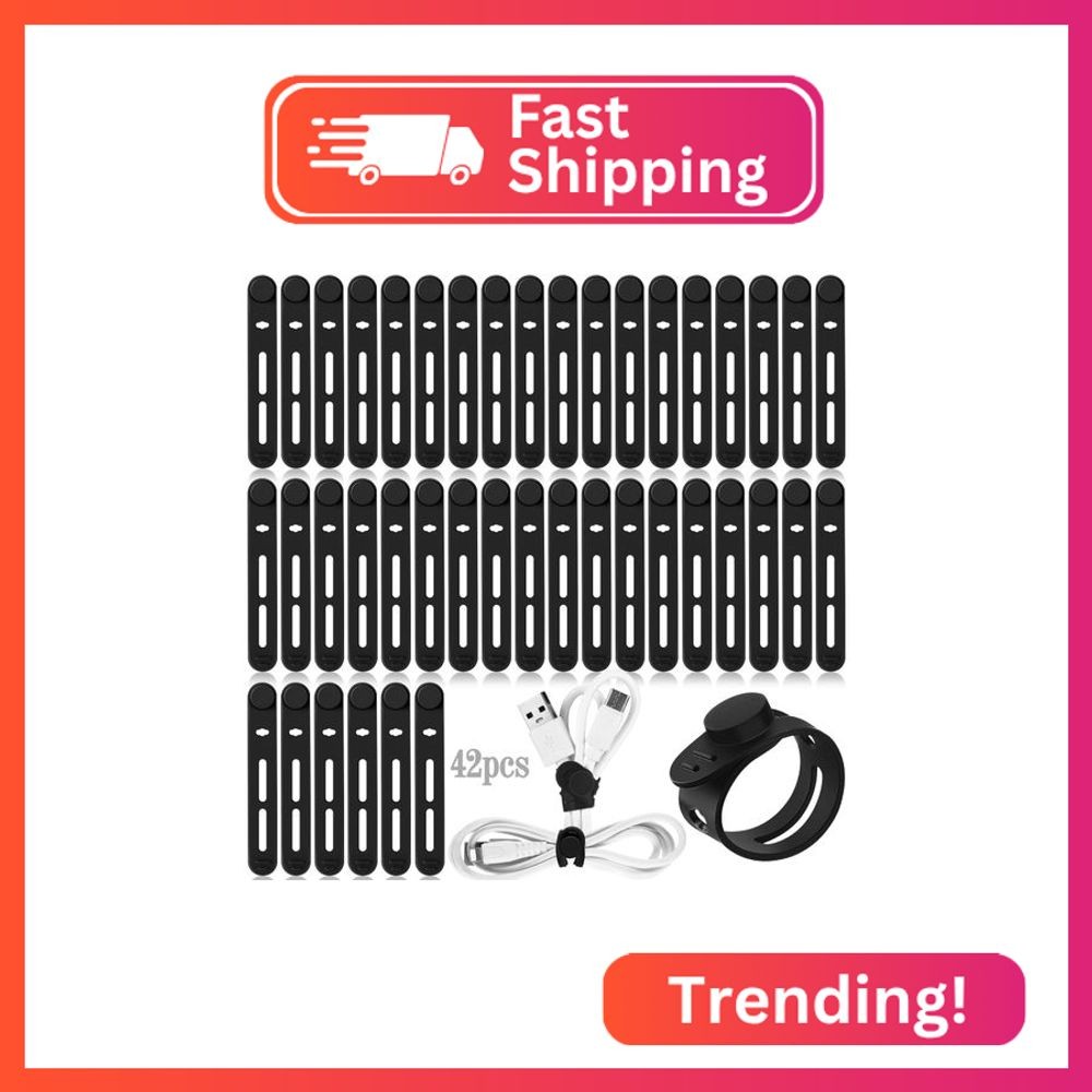 Tellegloww 42 Pcs Silicone Cable Ties Reusable Cord Organizer Adjustable Data Ca