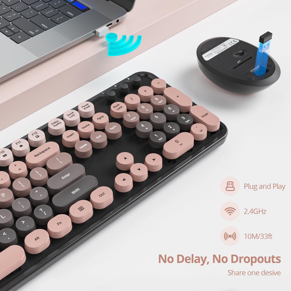 Pink Wireless Keyboard Mouse Combo Full Size Typewriter Number Pad Cute