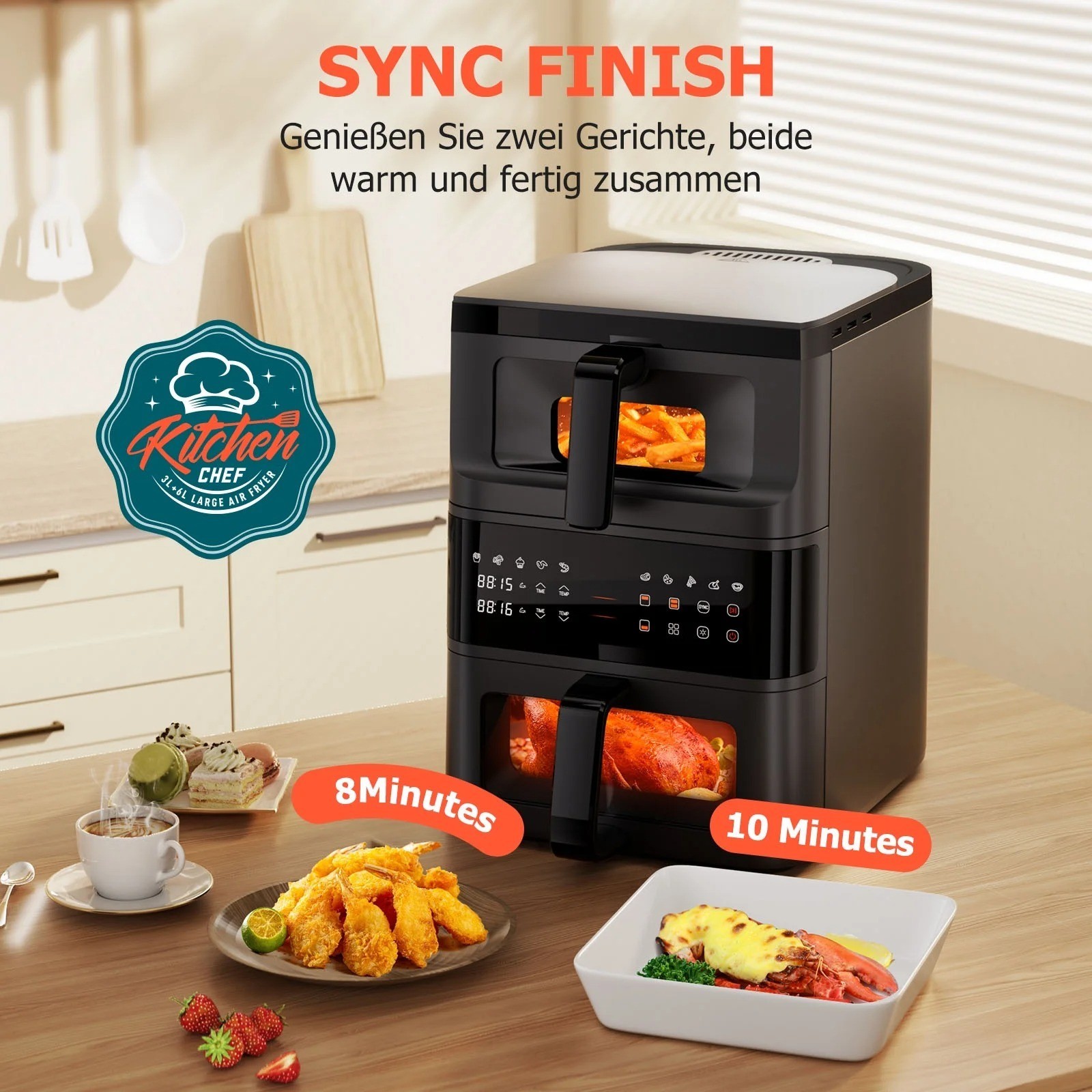 2-Tier Digital Air Fryer Dual Zone Heating Visual Window Space Saving Oil Free