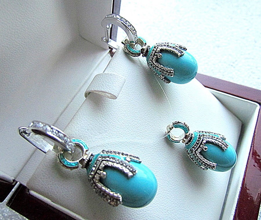 TURQUOISE EARRINGS & PENDANT SET HANDMADE RUSSIAN SOLID STERLING SILVER 925