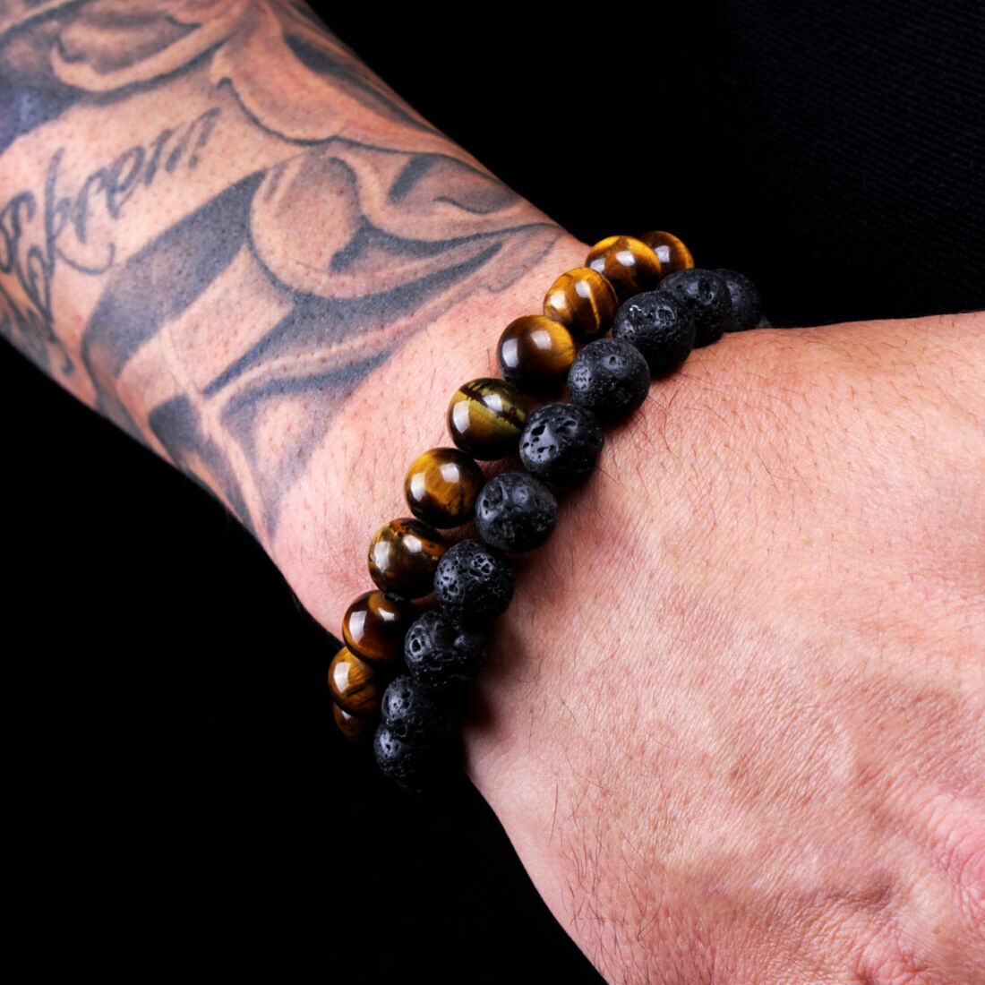 2PCS Men Bracelet Classic Lava Rock Tiger Eye Gem Stone Beaded Healing Boyfriend