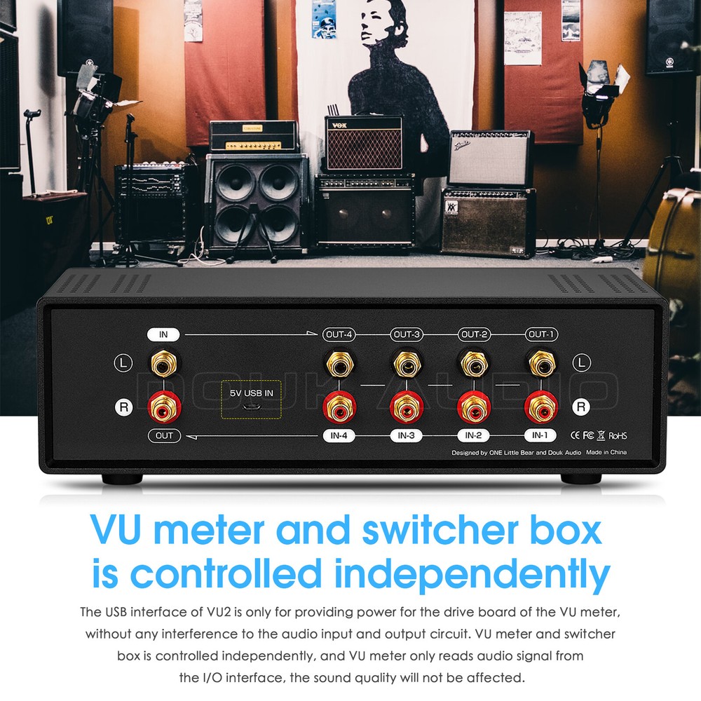 4-Way Analog VU Meter DB Panel Audio Switcher Sound Level Indicator Splitter Box