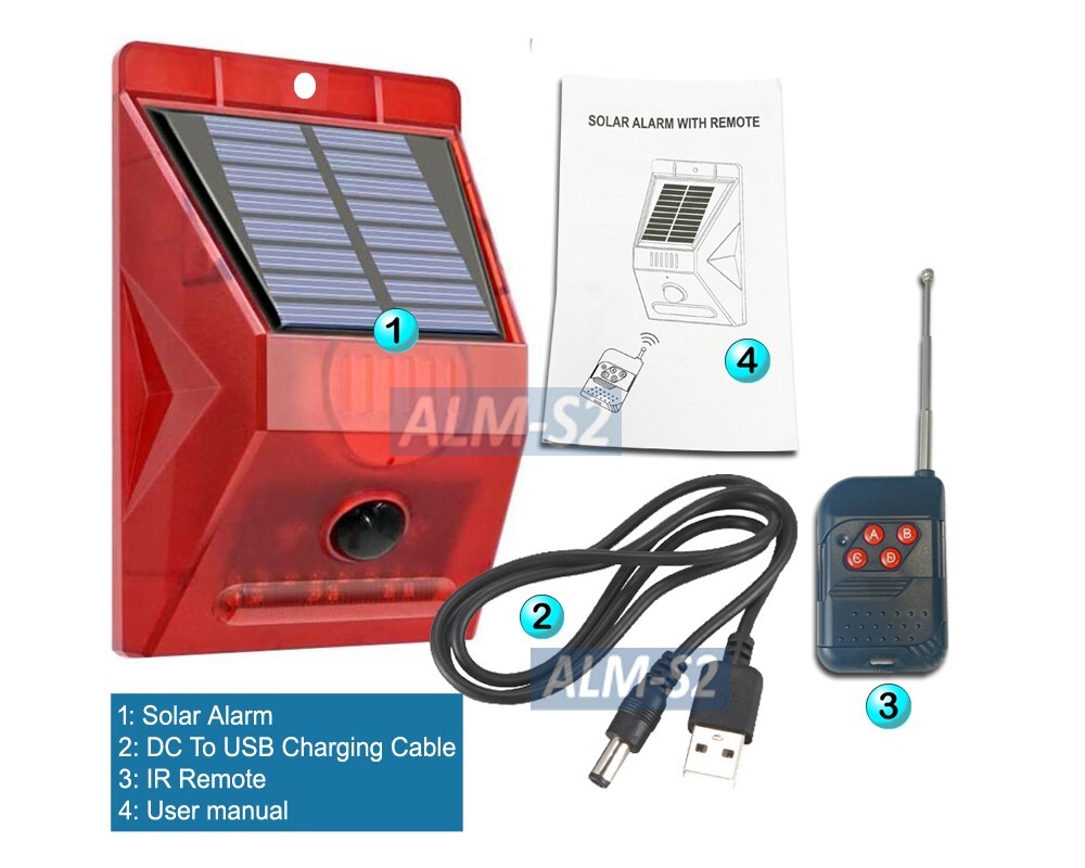 Solar Home Security Alarm 110dB Siren Red Strobe Light Motion Sensor IR Remote