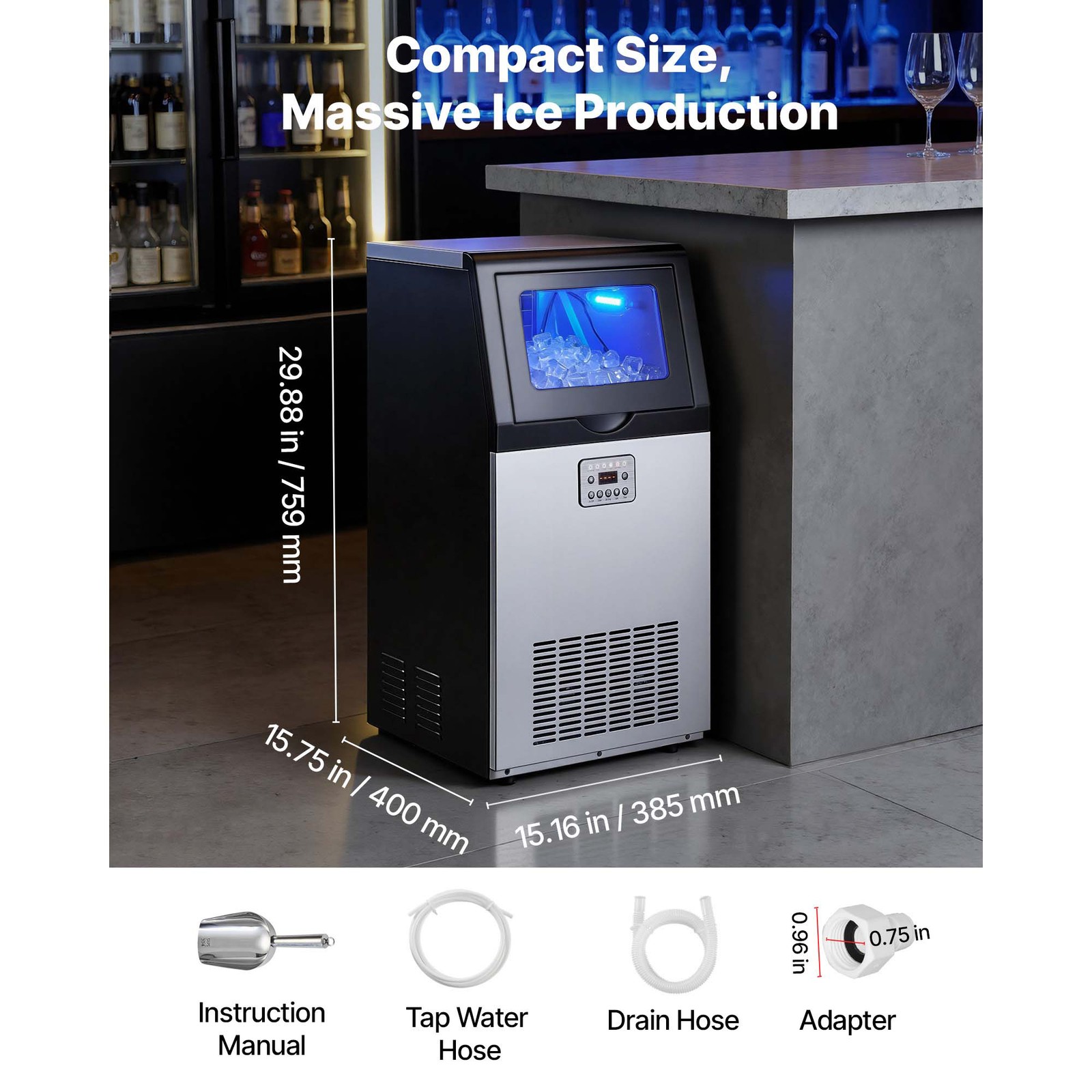Uimoso Commercial Ice Maker 100lbs/24h with 30lbs Storage for Bar and Restaurant