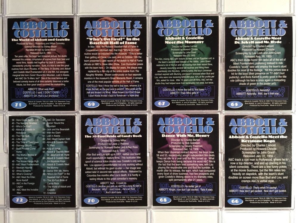 Abbott & Costello Base Card Set 72 Cards