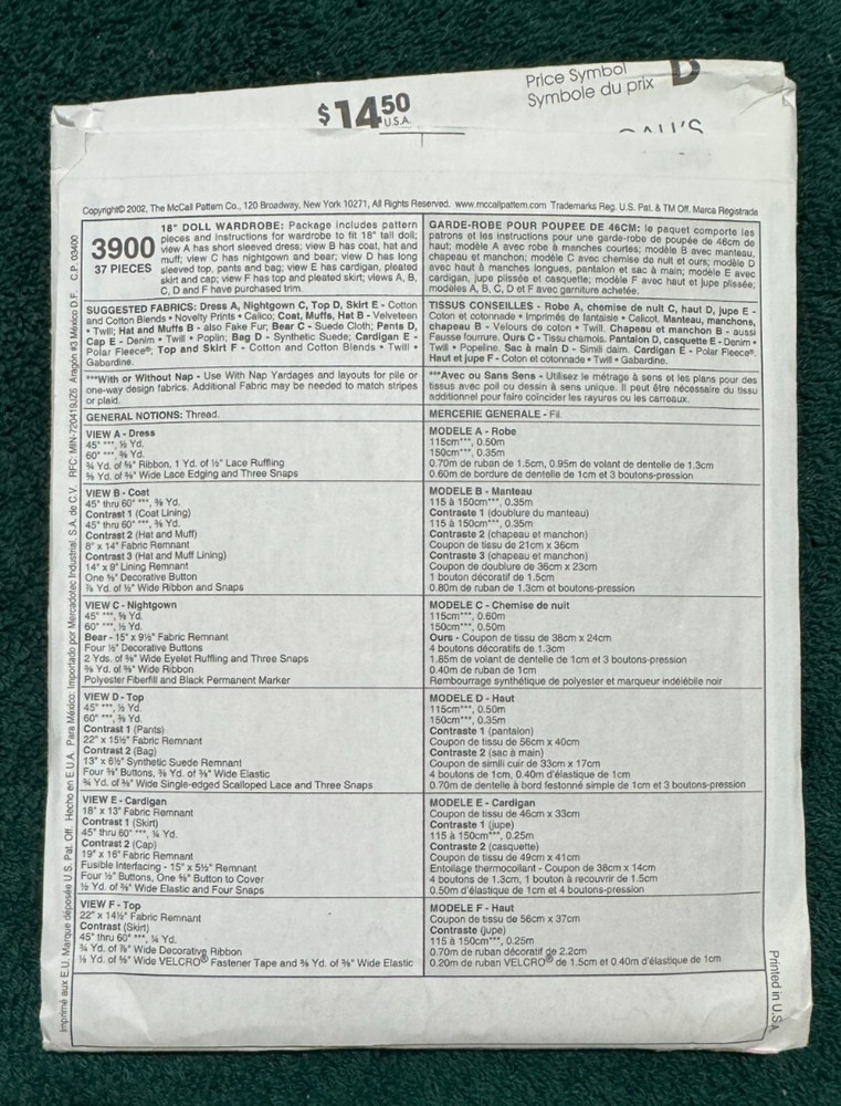 McCalls 3900 ~18" Doll Pattern ~ UNCUT ~ ~ ~ ~ ~ ~ ~ ~ ~ ~ ~ Listing MP24
