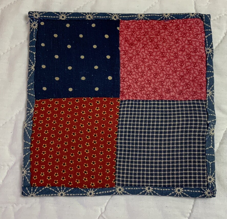 Antique Vintage Patchwork Small Quilt Table Topper, Four Patch, Early Calicos