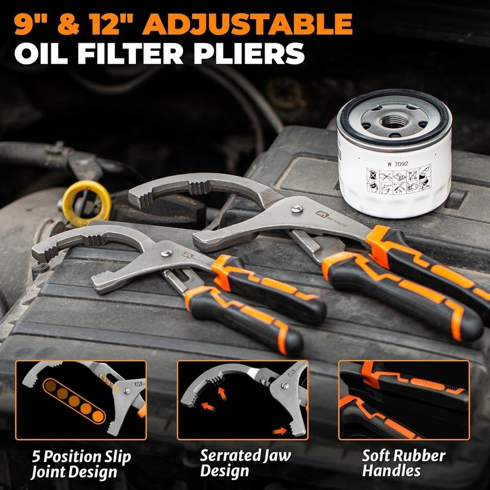 Universal Oil Filter Wrench Set - 9" & 12" Tools with Adjustable Sizes Included