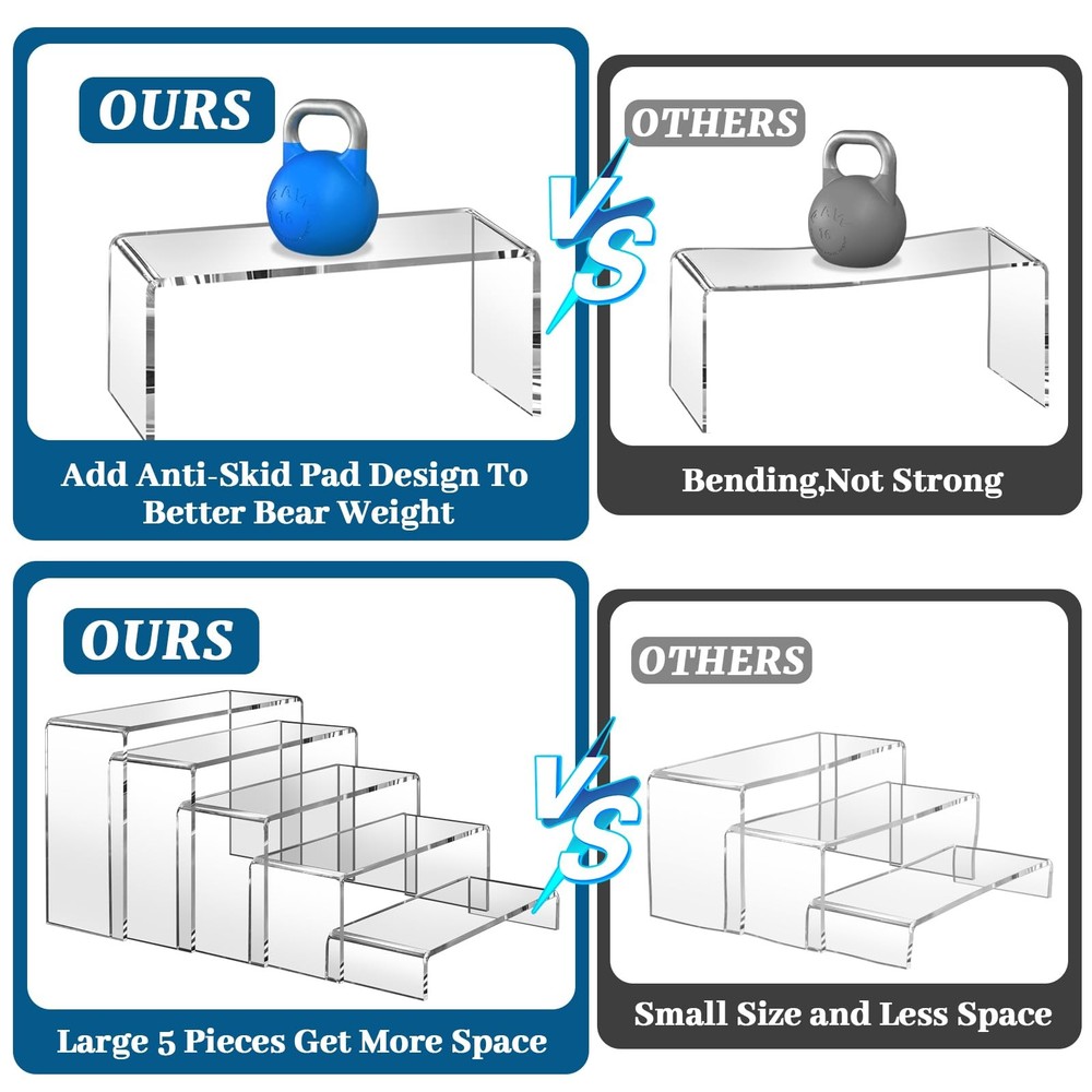 10 Pcs (2 Sets) Large Acrylic Risers 5 Sizes(7" L~9" L) Riser Display Shelf C...