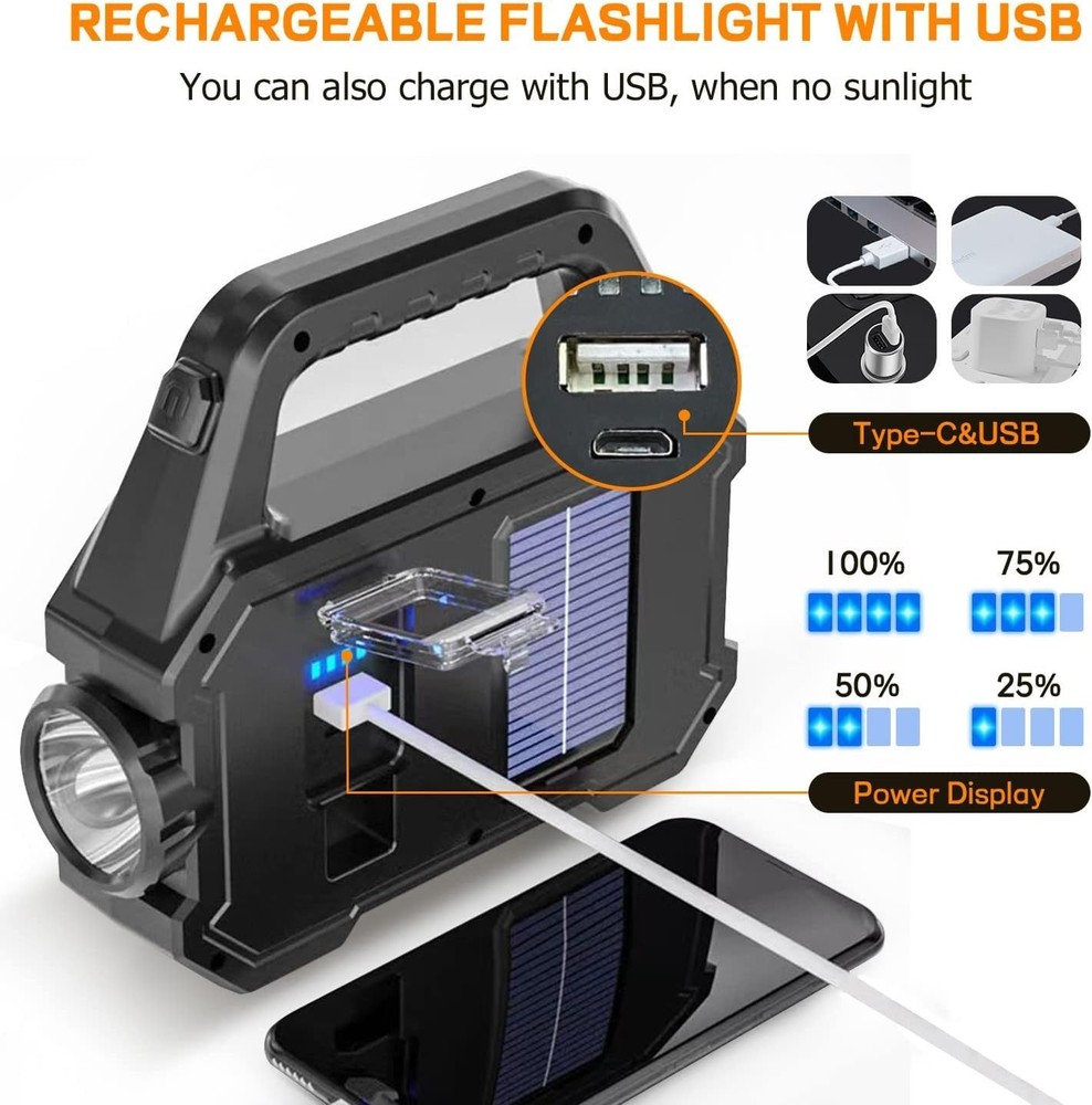 2x Waterproof LED Flashlight 🌟 Solar USB Rechargeable Torch for Camping