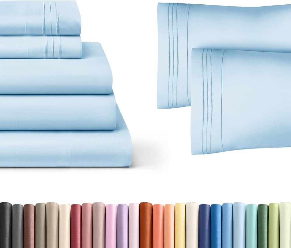 Light Blue Split King Bed Sheet Set + 2 Extra Pillowcases - Deep Pockets