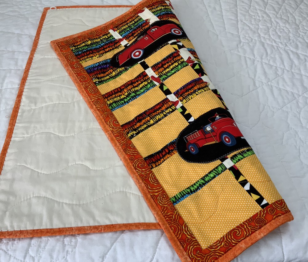 Patchwork Quilt Wall Hanging, Rectangles, Contemporary Prints, Fire Trucks