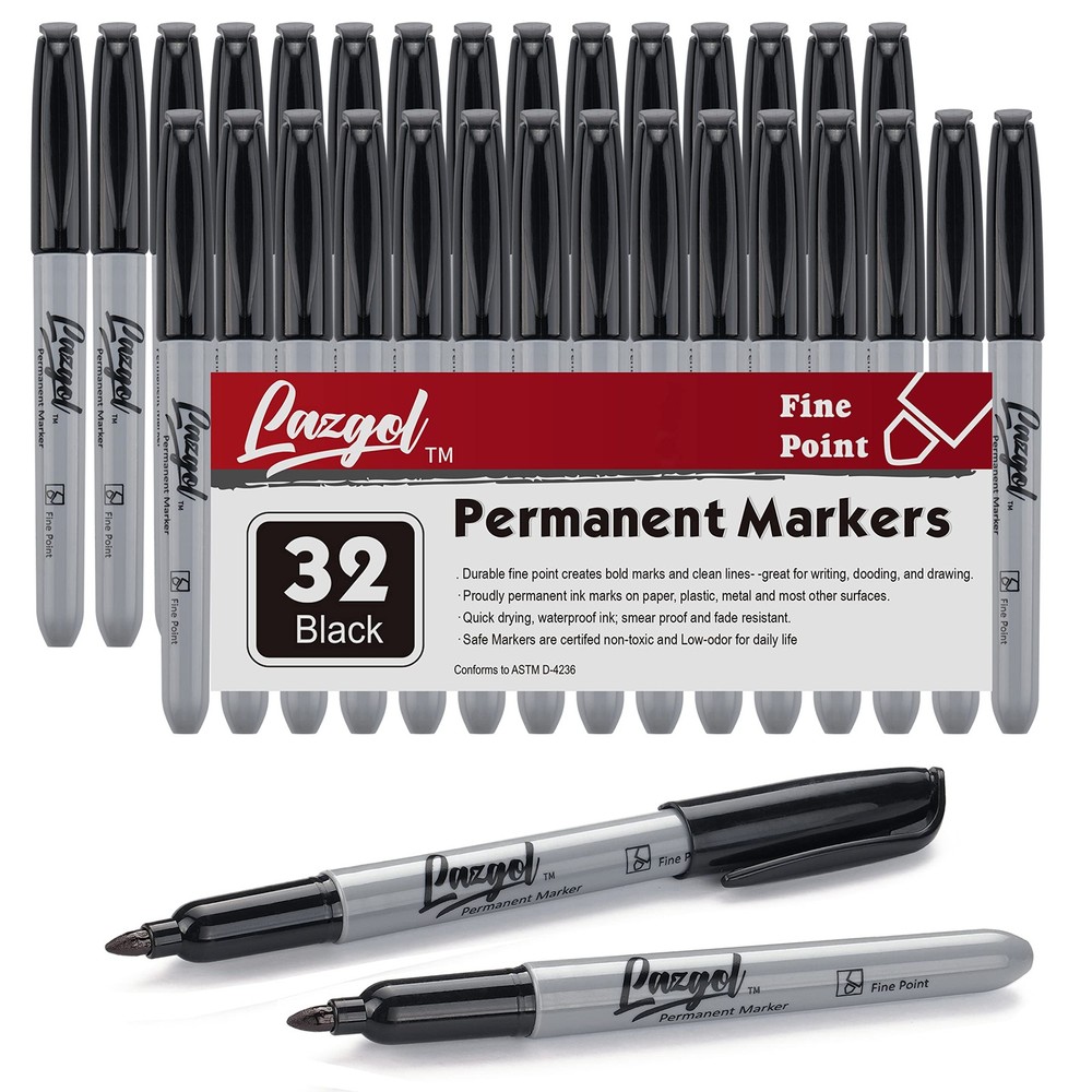 LAZGOL Permanent Markers Bulk, 32 Pack Black Permanent Marker Set, Fine Tip, ...