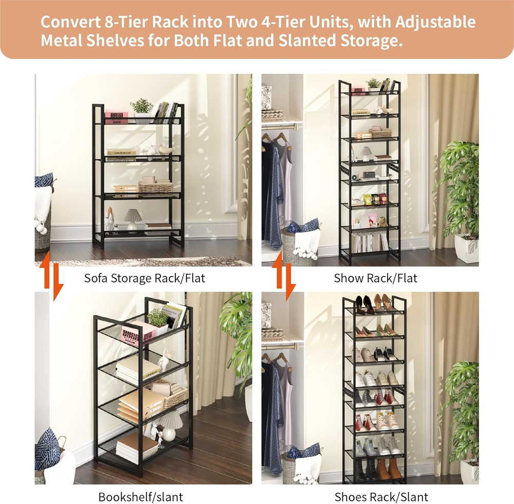 Metal Tall Shoe Rack, 8-Tier Stackable Shoe Shelf, with Adjustable Flat or Angle