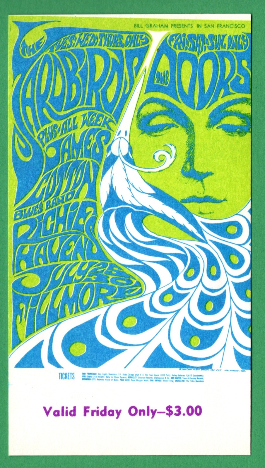 The DOOrS YardbirdS BG75 BiLL Graham FiLLmore WeSt 1967 FridaY Ticket