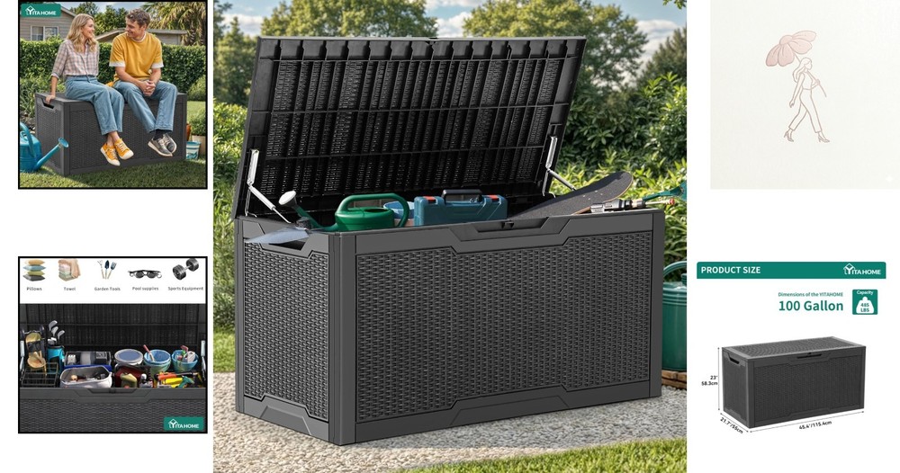 100 Gallon Black Deck Box - Water Resistant Storage with Extra Seating Feature