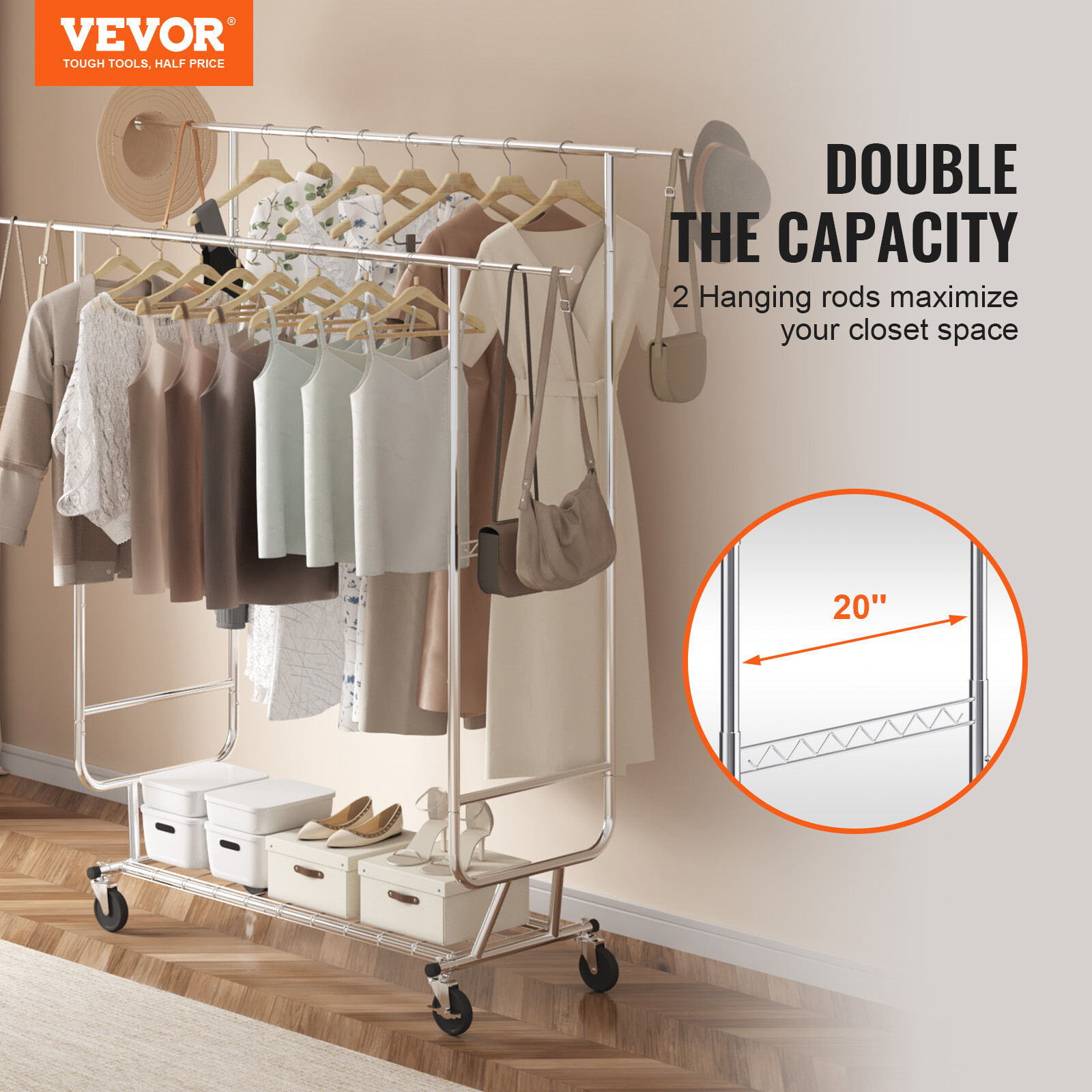 VEVOR Clothes Rack Heavy Duty Clothing Garment Rack Double Hanging Rod 600 lbs