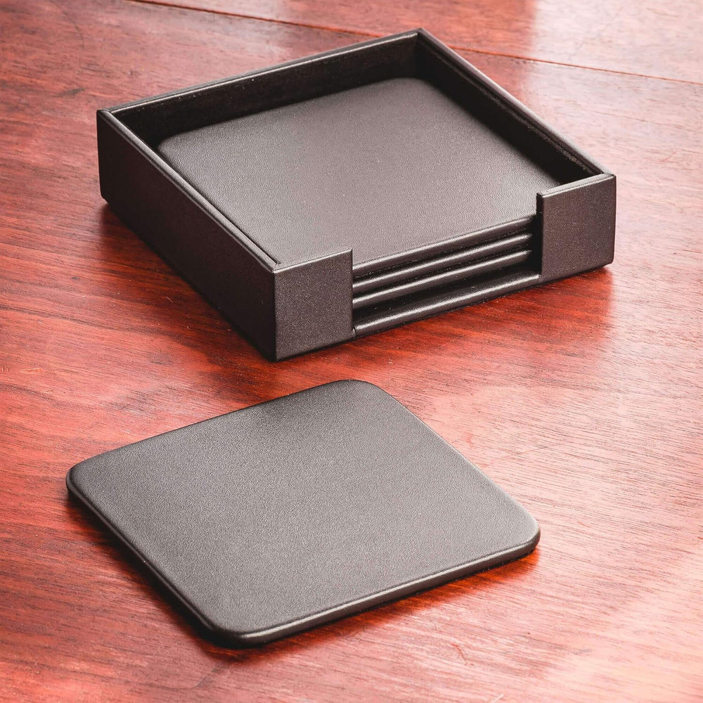 Classic Leatherette Coaster Set - Luxury Black Leatherette Square Coasters with