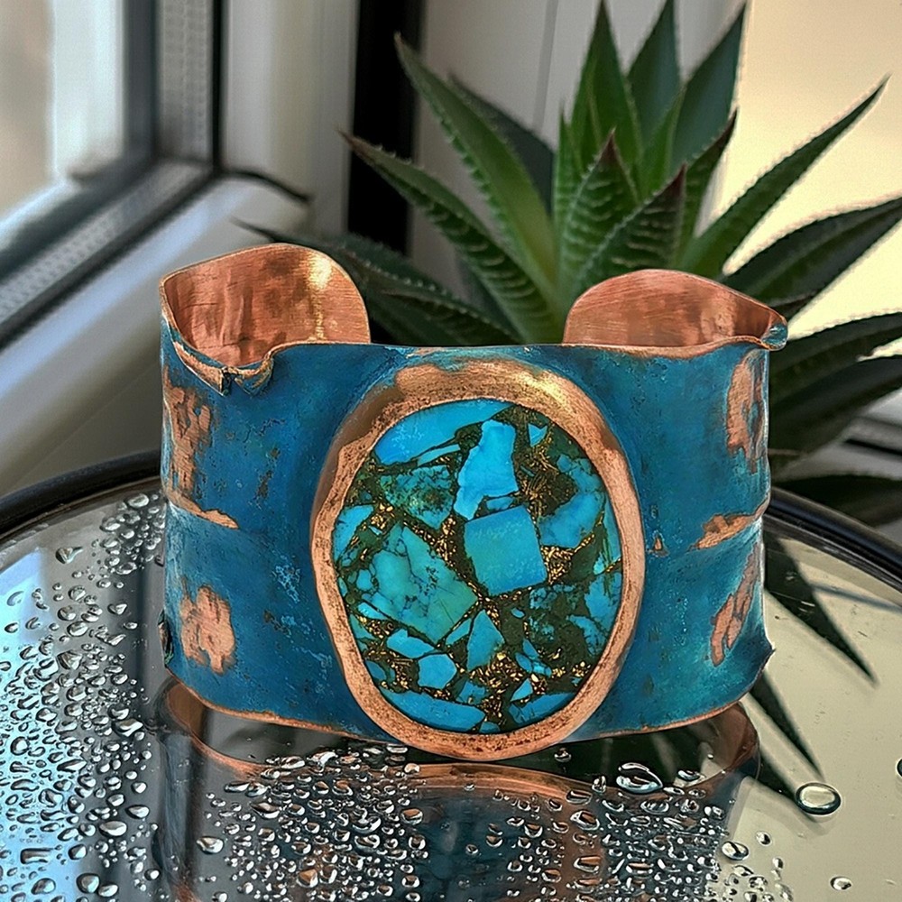 Copper Cuff Bracelet Verdigris Handmade Adjustable Large Turquoise Stone