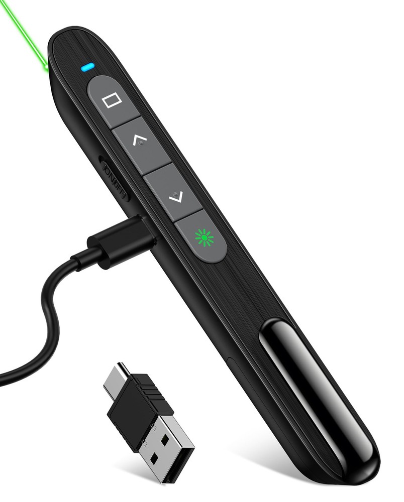 USB C Wireless Presentation Clicker with Green Light & Volume Control