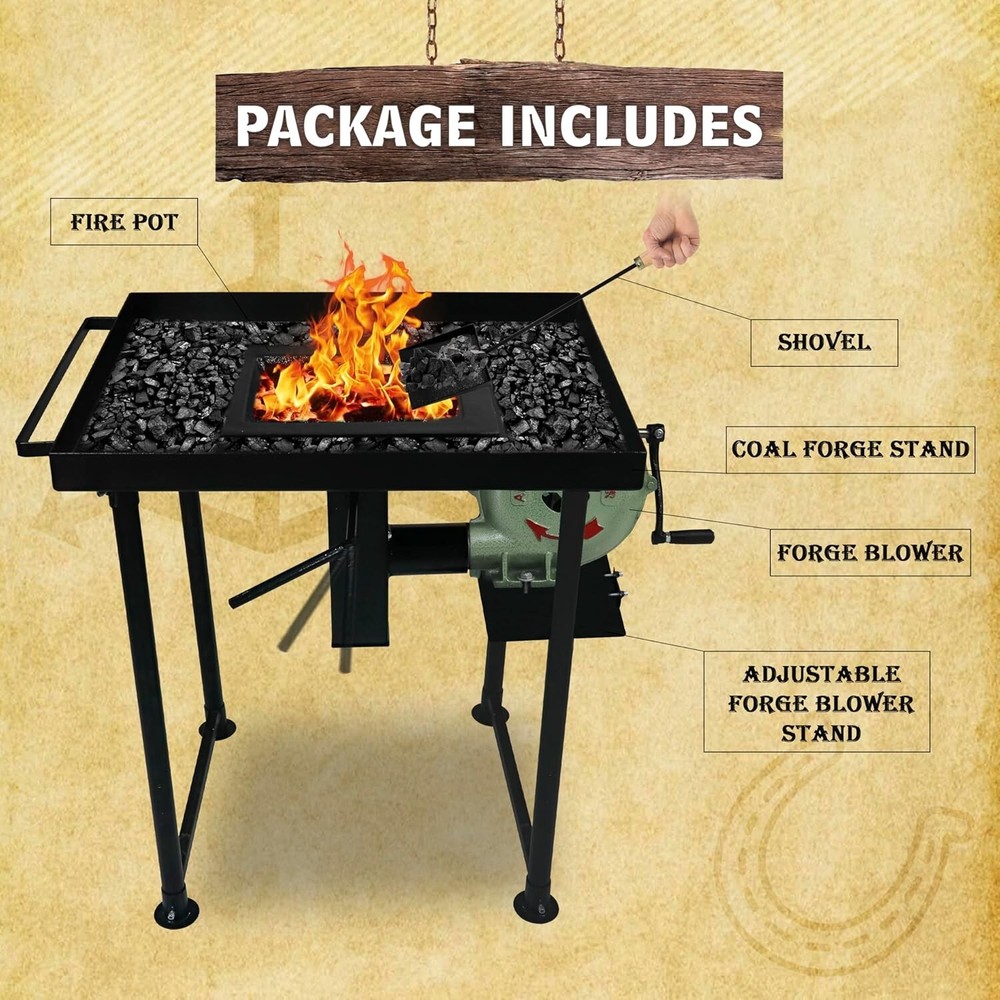 Coal Forge Stand with Fire Pot & Hand Blower - Blacksmithing Starter kit