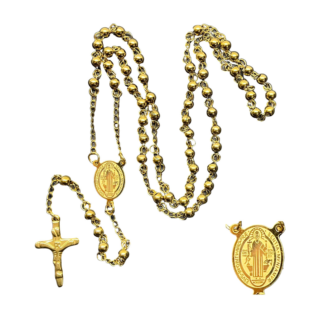 Stainless Steel Gold Colored Rosary with St. Benedict Medal