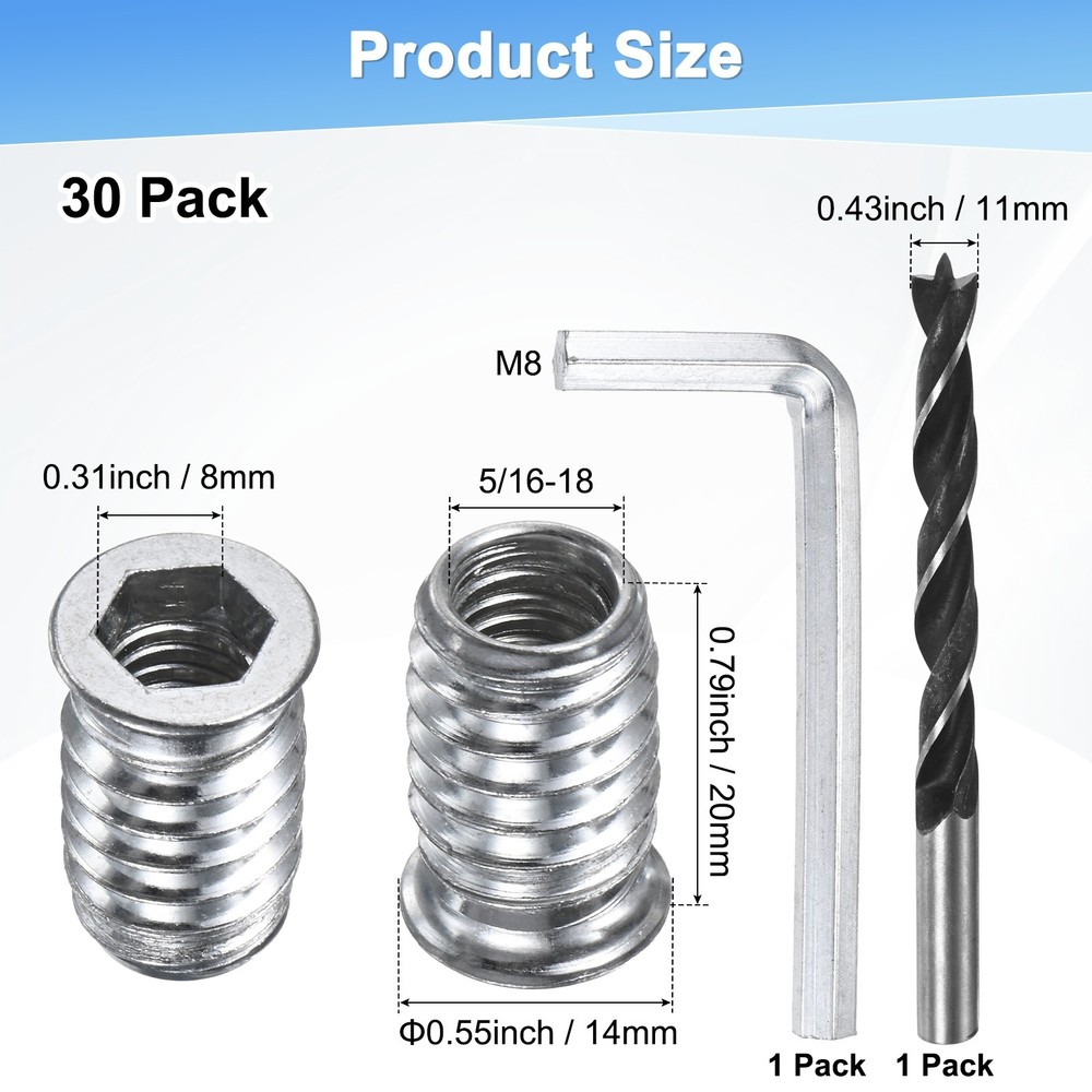 30-Pack Threaded Inserts, 5/16-18x20mm Nuts with A Wrench and Drill Bit [Silver]