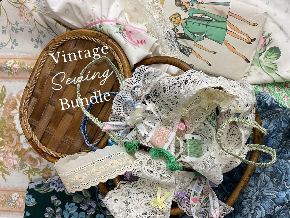 Vintage Sewing Basket Bundle – Fabric, Lace, Ribbon, Embroidery Thread & Pattern