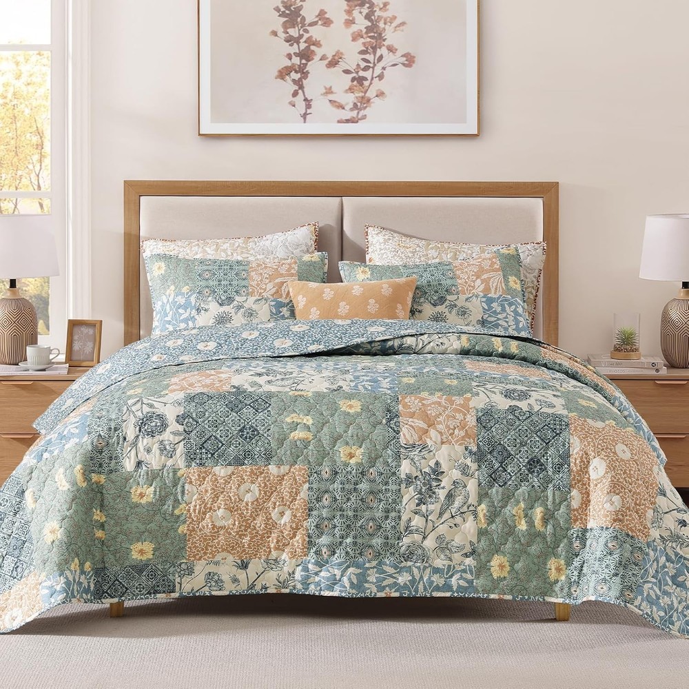 King Size Quilt Set 3 Pieces Patchwork Blue Quilt Bedding Set Lightweight King