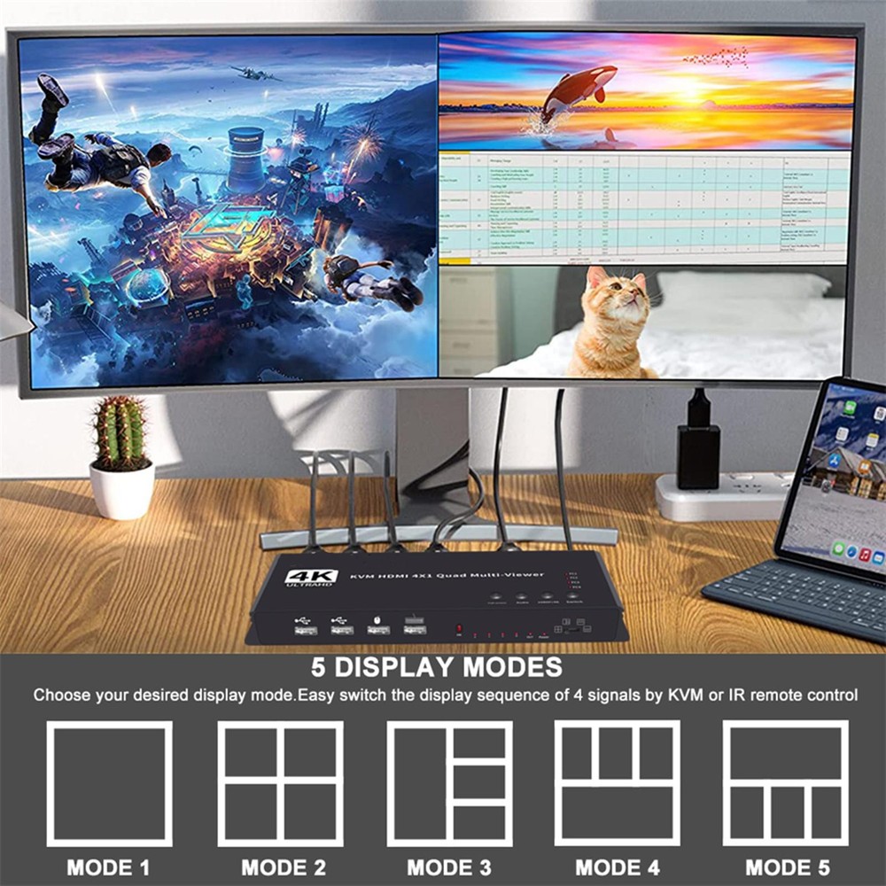 Hotkey 4K 4x1 KVM HDMI Quad Multi-Viewer Display Switch Vedio Wall Controller