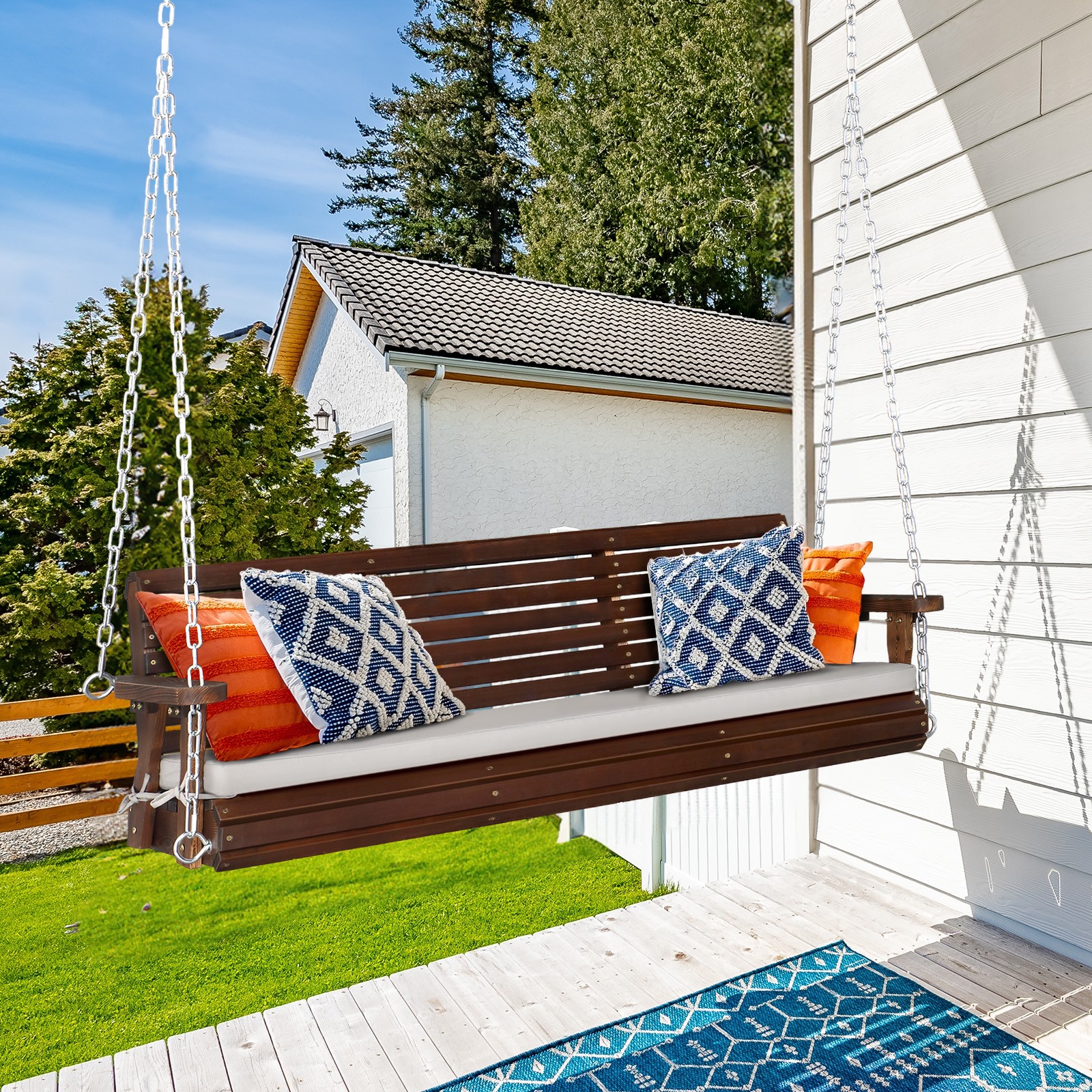 5 FT Heavy Duty 880 LBS Patio Wooden Porch Swing Outdoor with Extra Cushions