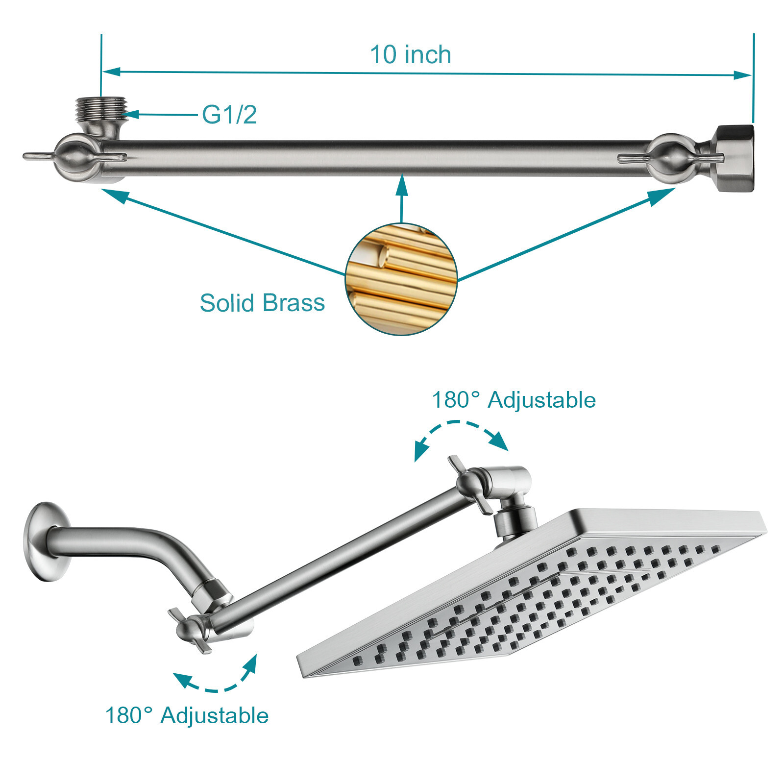 New BRIGHT SHOWERS Rain Shower Head with 10 Inch Adjustable Extension Arm Combo