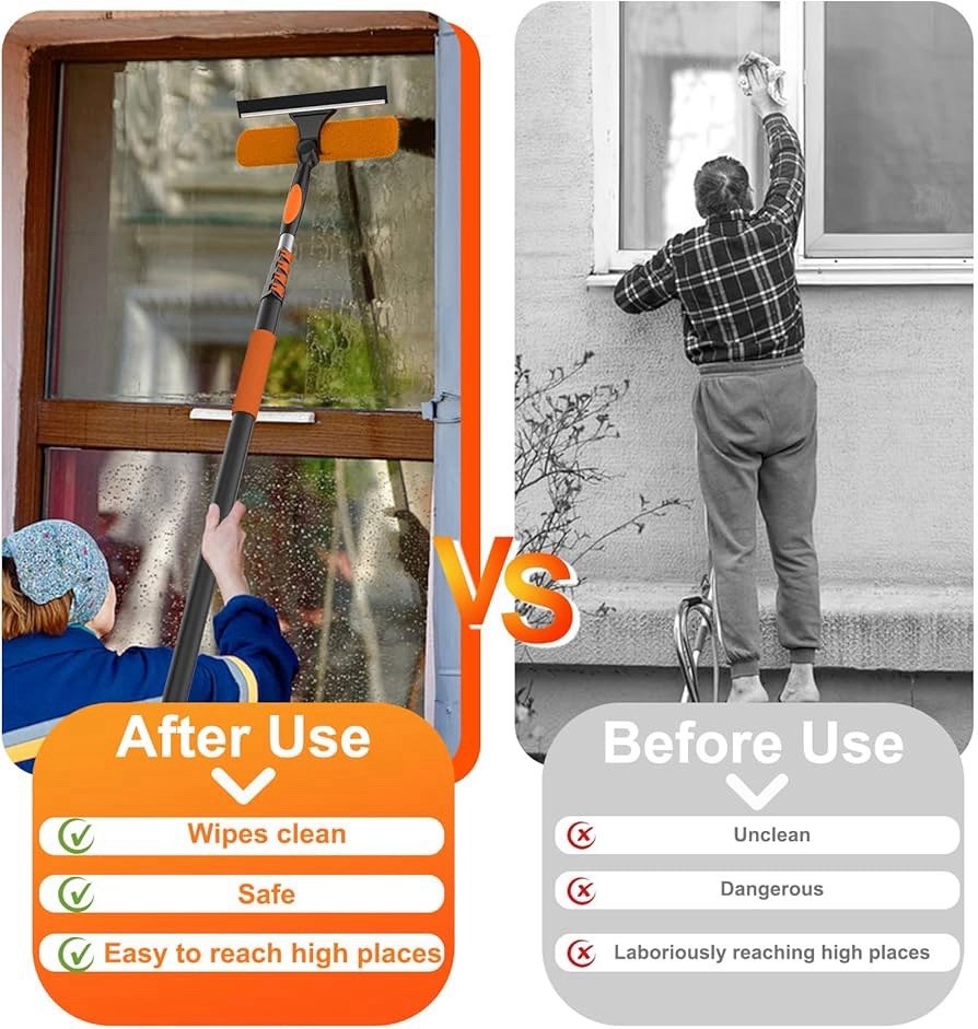 2-in-1 Extendable Window Squeegee Adjustable Head Absorbent Cloth Orange