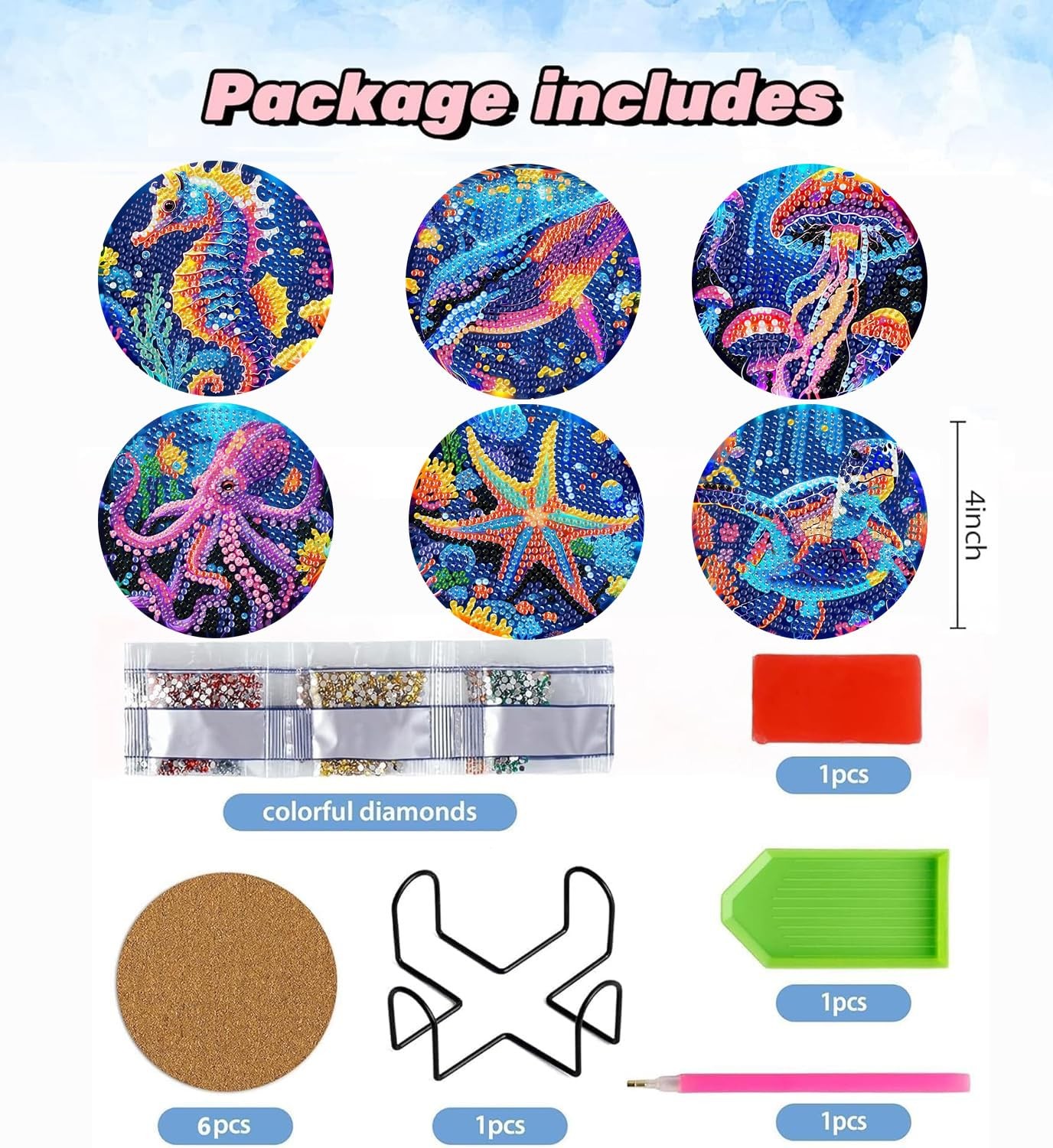 Ekuxom 6 Pcs Diamond Art Coasters Kits, DIY Ocean 4x4in (10x10cm),