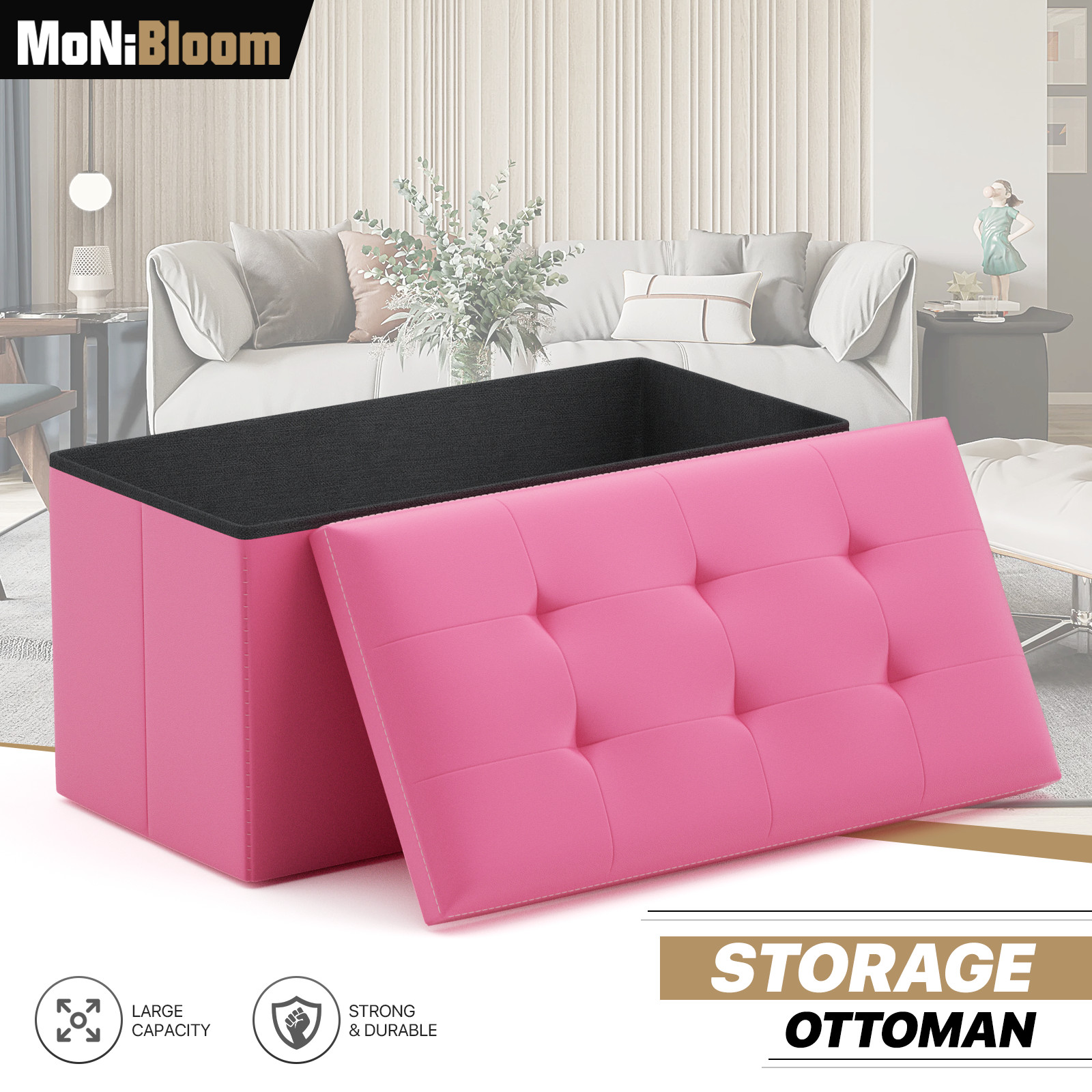 30" Dark Pink Folding Storage Ottoman Foot Stool Bench Chest w/Flipping Lid