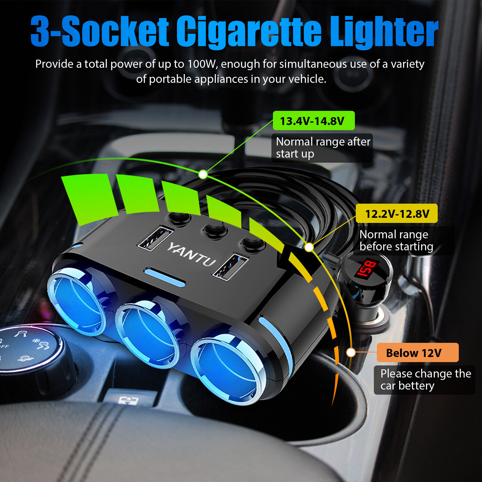 3 Way Multi Car Cigarette Lighter Socket Extension Splitter USB Charger DC 12V