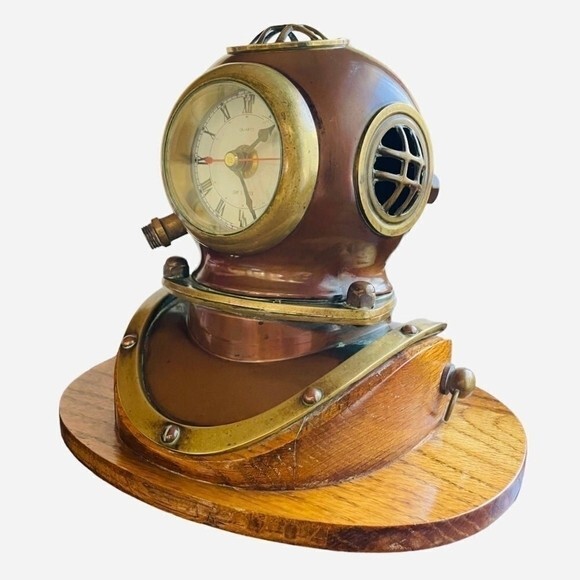 Antique Brass Copper Diving Helmet Maritime Quartz Clock Solid Wood Decor
