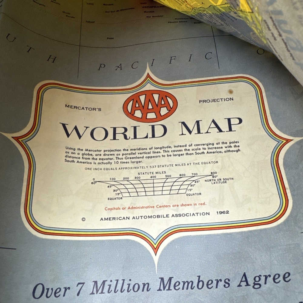 Vintage AAA World Map 1962 Foldable To 8x10”