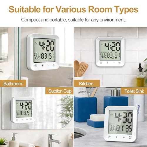 Shower Clock Waterproof, Bathroom Digital Clock with Timer, LCD 5.5 Inch White