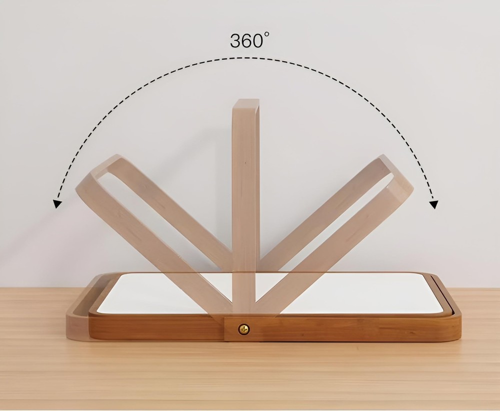 Wooden Desktop Makeup Mirror, Rectangular Tabletop Vanity Mirror with 360° Ro...