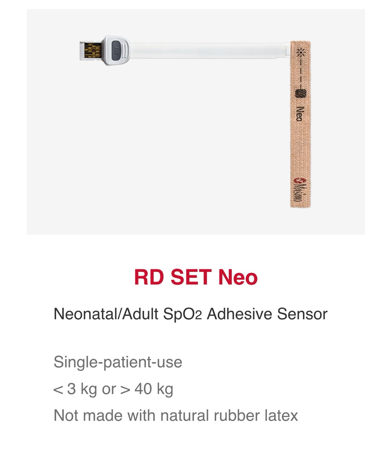 Masimo RD Set Neo Pulse Oximeter Adhesive Sensor 3kg 40kg Box Of 20 REF 4003