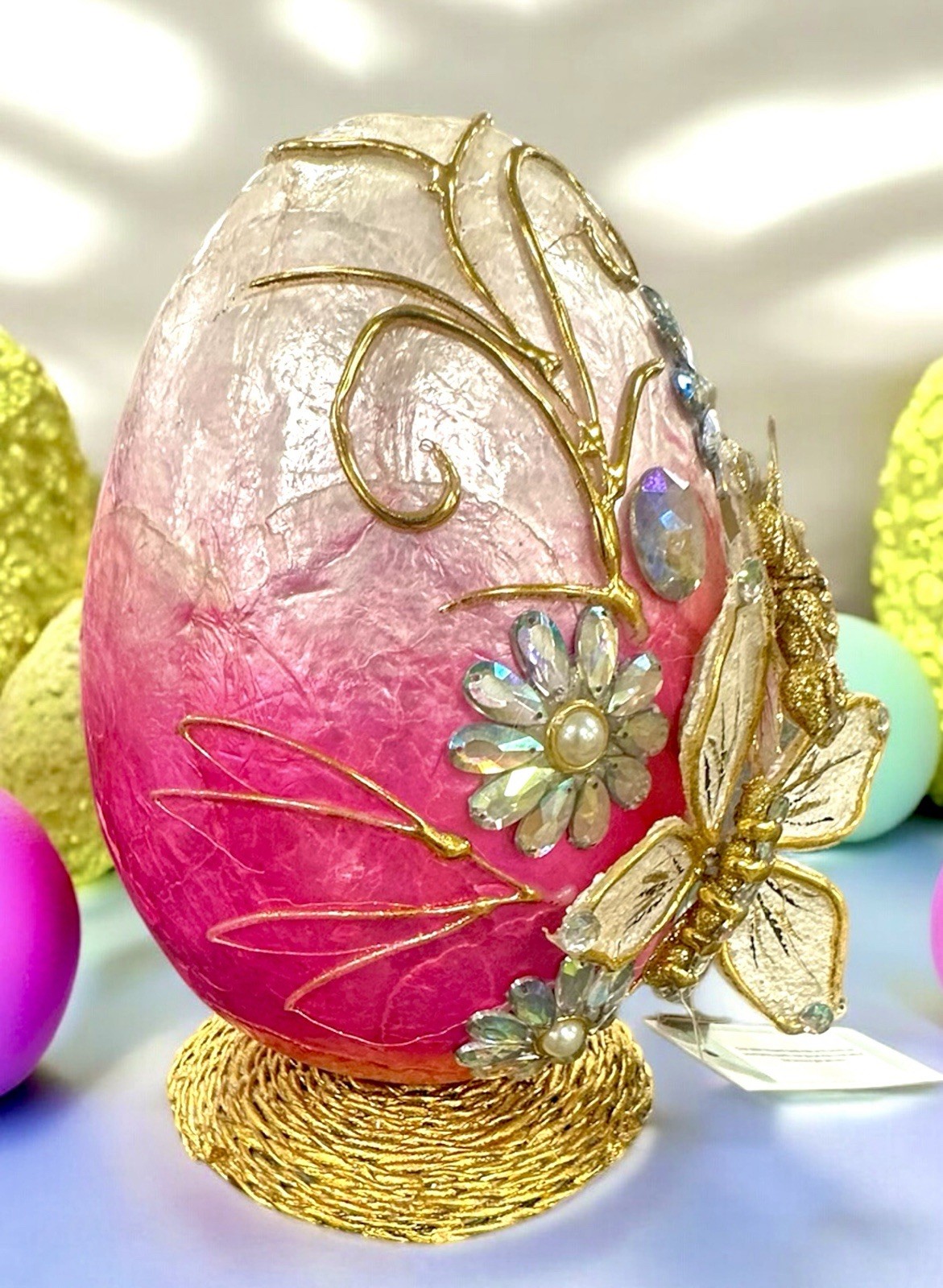 Capiz Easter Egg Figurine 10” Hot Pink Ombré Flowers Jeweled Butterfly Gold NWT