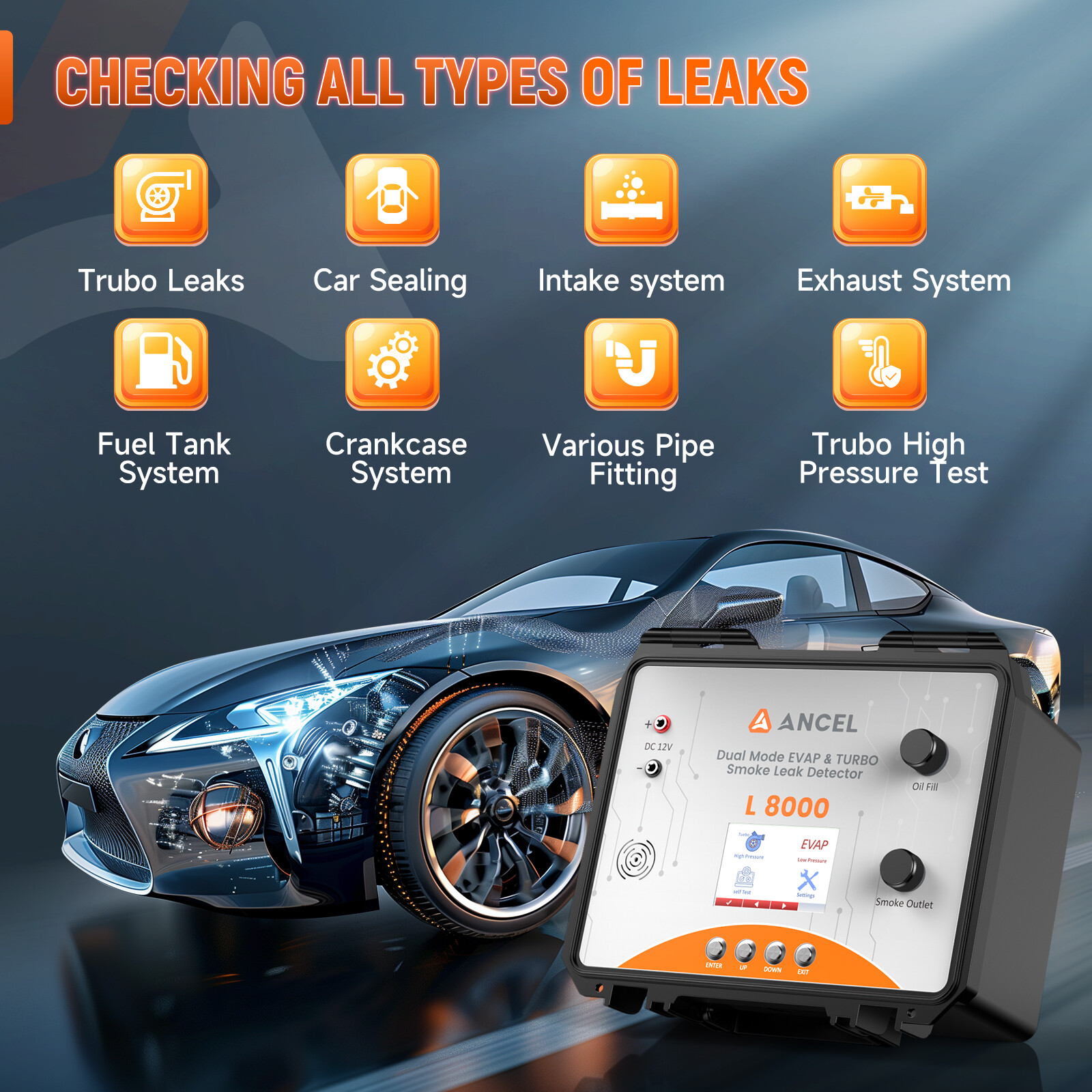 ANCEL L8000 Automotive EVAP Smoke Machine & Turbo System Dual Mode LCD Screen