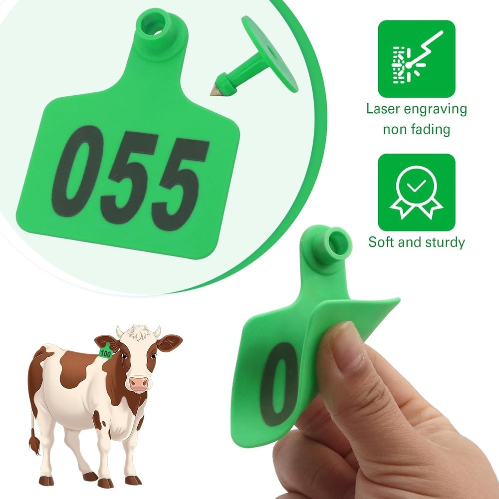 Effortless Livestock Identification: 100 Green Numbered Tags + Applicator Kit